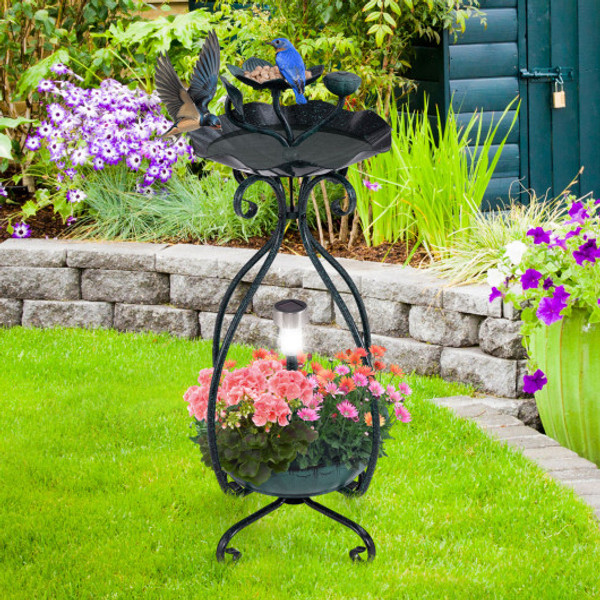 Solar Outdoor Bird Bath Feeder Combo With Flower Planter Pedestal And Solar Lights Bronze Pz10010Qt By Cw
