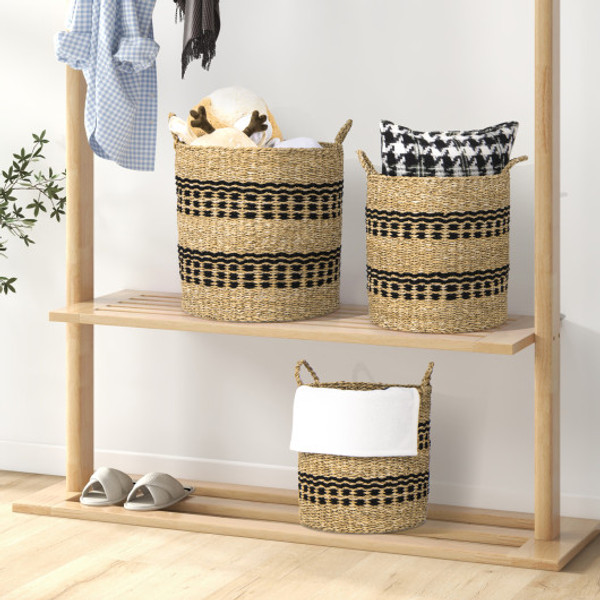 Seagrass Basket Set Of 3 Stackable Storage Bins With Handles Woven Round Basket M Jz10263 By Cw