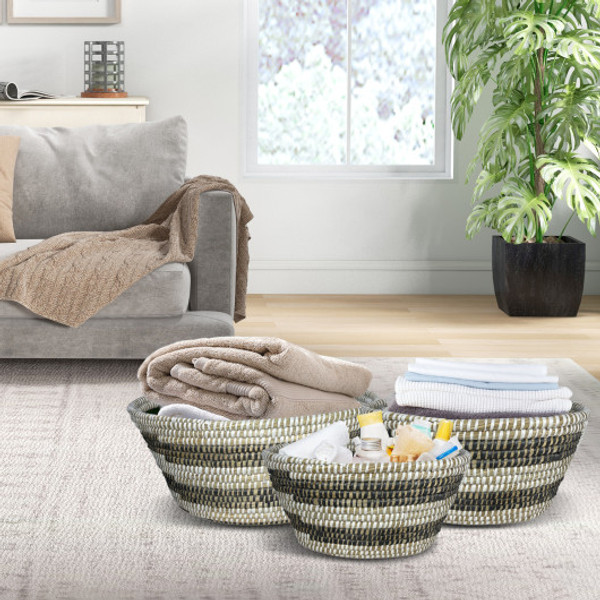 Natural Canes Grass Baskets Stackable Storage Bins Set Of 3 With Hollowed Handles Jz10264 By Cw