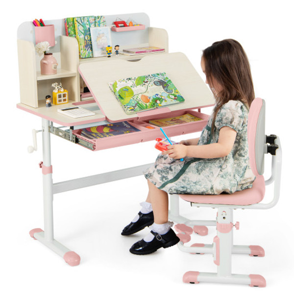 Height Adjustable Children School Home Study Table And Chair Set With Tilted Desktop For 3 12 Years Old Pink Hy10285Pi Hy10126Pi A By Cw
