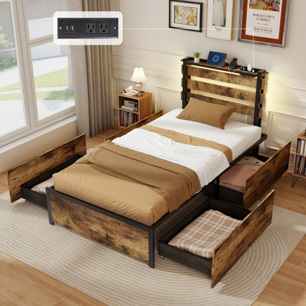 Full Queen Twin Size Bed Frame With Drawers Led Lights And Usb Ports Twin Size Hu10699Cf T By Cw