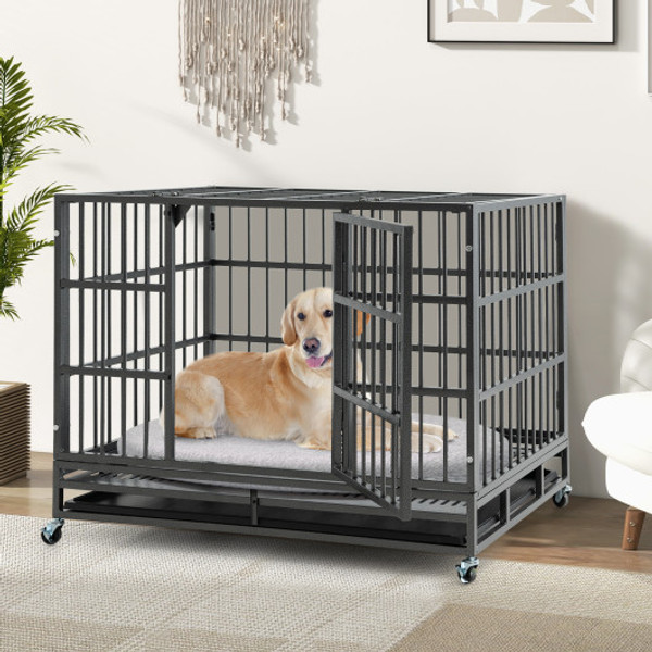 48 Inch Foldable Heavy Duty Metal Dog Cage With Lockable Rolling Casters And Tray 48 Inches Pu10040Bk By Cw