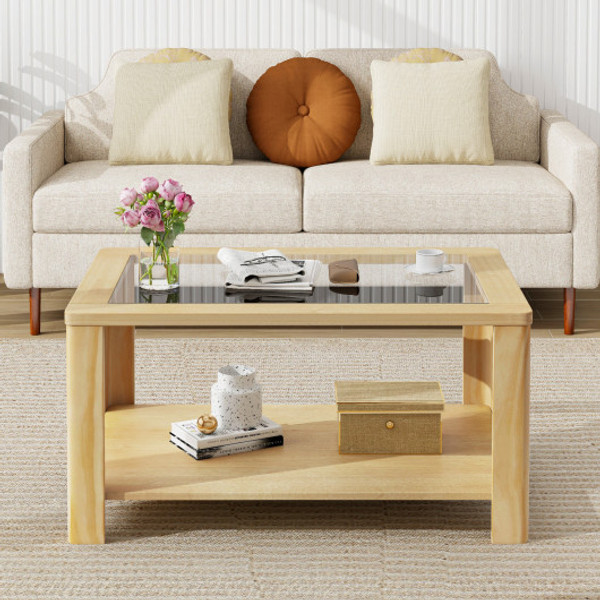 2 Tier Coffee Table Rectangular Center Table With Tempered Glass Tabletop And Storage Shelf Natural Jv11638Na By Cw