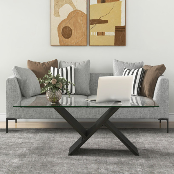 47 Inch Rectangle Glass Coffee Table Modern Center Table With Tempered Glass Tabletop Black Jv11639Dk By Cw