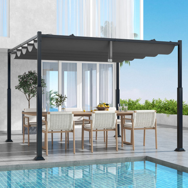 10 X 10 Feet Outdoor Pergola With Retractable Canopy And Metal Columns Gray Np11860Gr By Cw