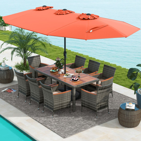 10 Pieces Patio Wicker Dining Set With 15 Feet Double Sided Patio Umbrella Orange Np10209Or Hw71816 By Cw