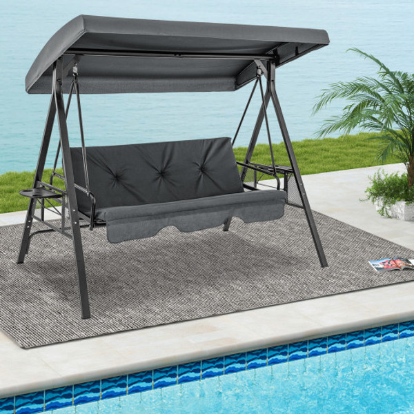 Convertible 3 Seat Patio Porch Swing Chair To Flat Bed With Adjustable Canopy Gray Np11716Gr By Cw