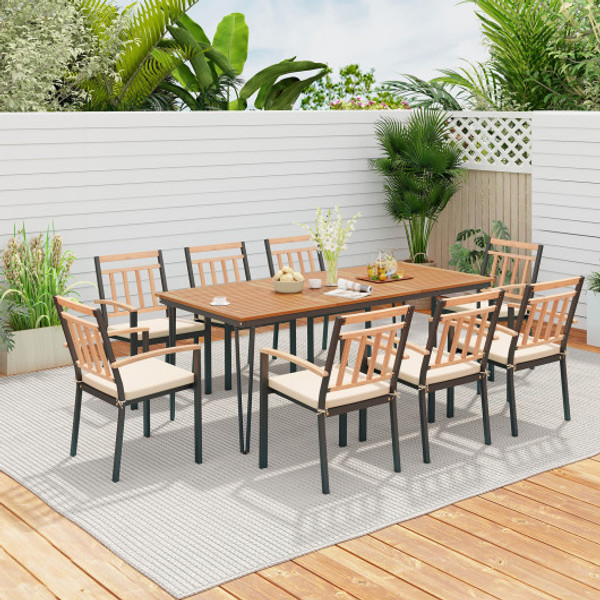 9 Piece Patio Dining Set 35 5 Inch Acacia Wood Table With Umbrella Hole And 24 Inch Wide Chairs Hw71586 4 Hw72102 By Cw