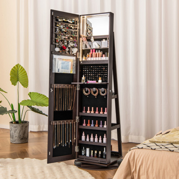 360 Rotating Mirrored Jewelry Cabinet Armoire 3 Color Led Modes Lockable Espresso Jv10430Zs By Cw