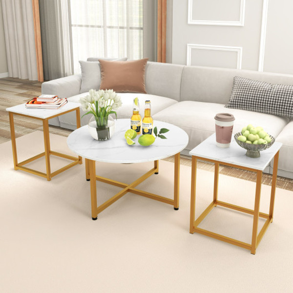 3 Piece Coffee Table Set Round Coffee Table And 2Pcs Square End Tables White And Gold Jv11013Wh By Cw