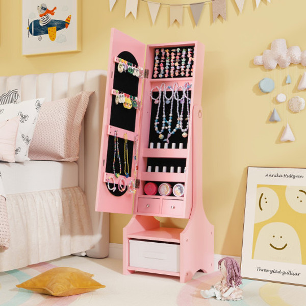 Freestanding Kids Jewelry Armoire Cabinet With Storage And 2 Tilt Angles Pink Hy10319Pi By Cw