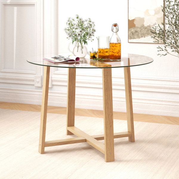 42 Inches Round Glass Dining Table With Tempered Glass Tabletop And Rubber Wood Legs Natural Kc57307Na By Cw