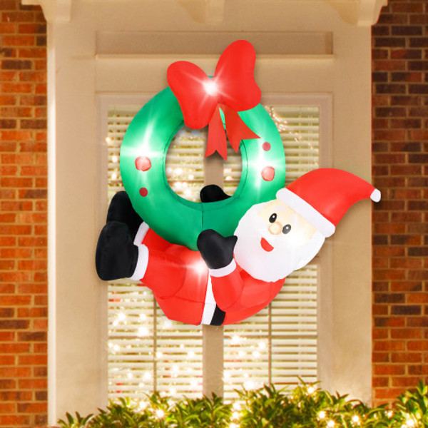 4 Ft Inflatable Santa Claus Wreath With Red Bow And 5 Led Lights Cm24953Us By Cw
