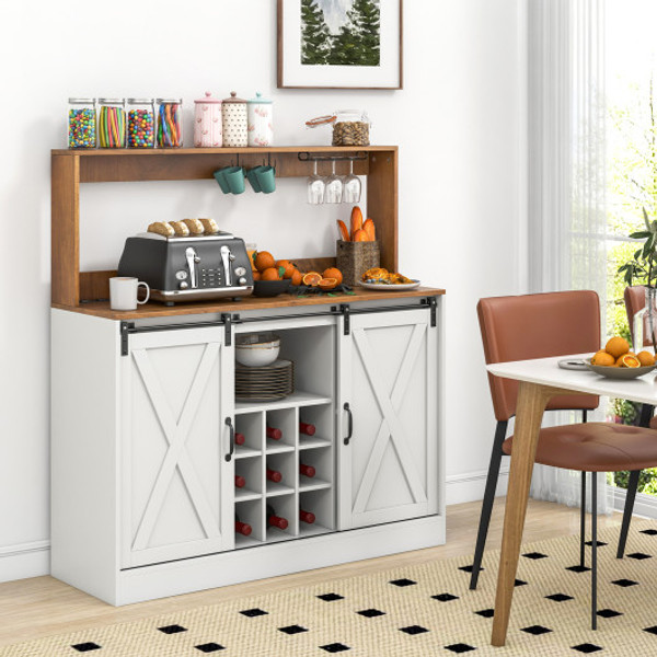 Farmhouse Coffee Bar Cabinet With Charging Station And Sliding Barn Doors White Jv10896Us Wh By Cw