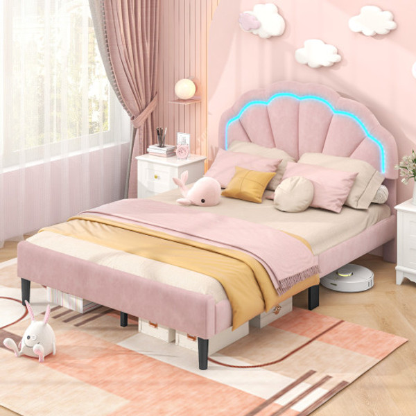 Upholstered Led Bed Frame With Adjustable Flower Headboard And Metal Support Feet Pink Full Size Hu10863Pi F By Cw