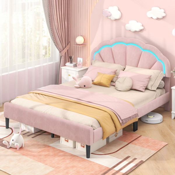 Upholstered Led Bed Frame With Adjustable Flower Headboard And Metal Support Feet Pink Queen Size Hu10863Pi Q By Cw