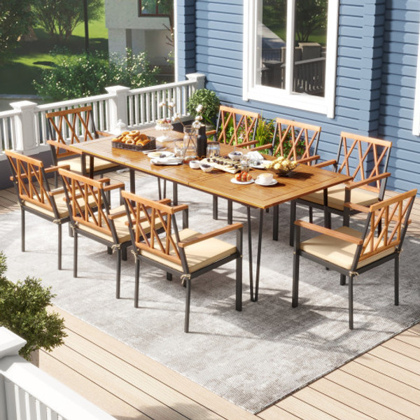 Acacia Wood Outdoor Furniture Set 9 Pieces Patio Dining Set With 8 Chairs Hw72245 4 Hw72104 By Cw