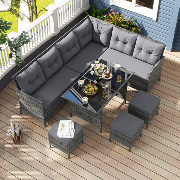 7 Pieces Patio Dining Furniture Set With Soft Cushions And Ottomans Gray Hw72354Gr By Cw