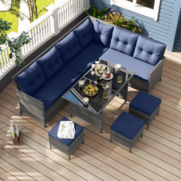 7 Pieces Patio Dining Furniture Set With Soft Cushions And Ottomans Navy Hw72354Ny By Cw