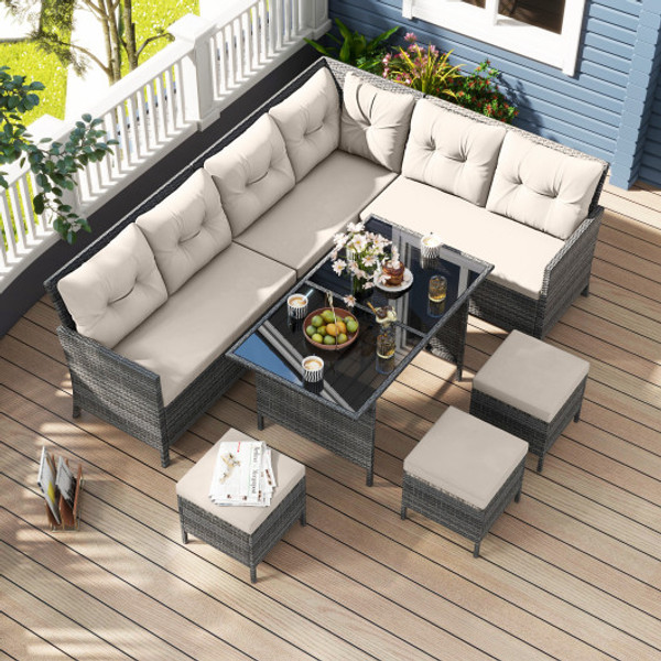7 Pieces Patio Dining Furniture Set With Soft Cushions And Ottomans White Hw72354Wh By Cw