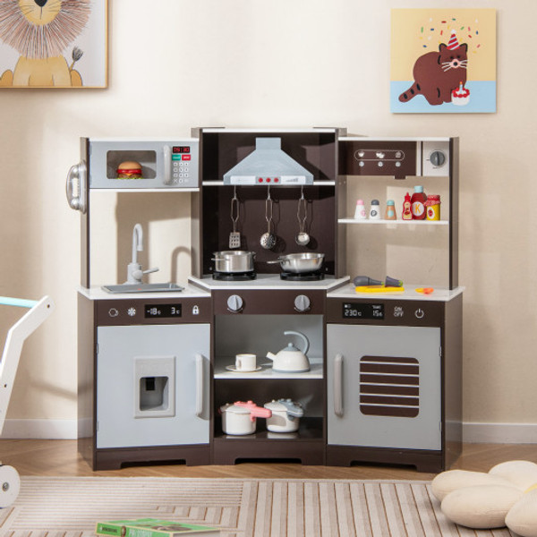Pretend Play Kitchen Wooden Toy Set With Range Hood Real Sounds And Lights Brown Tp10237Bn By Cw