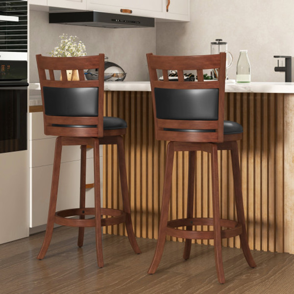 Wood Swivel Bar Stools Set Of 2 With Faux Leather Upholstered Seat And Back Brown Kc57781Es 29 By Cw