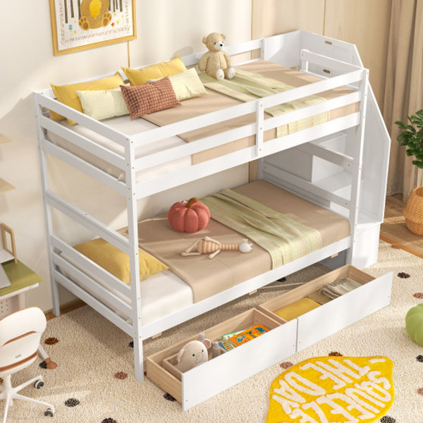 Twin Over Twin Bunk Bed With Storage Stairs And Drawers White Hu10963Wh By Cw