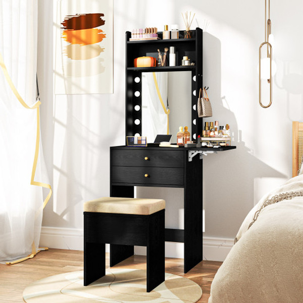Compact Vanity Desk Set With 3 Color Lighted Mirror And Power Outlets Black Hu10805Us Dk By Cw