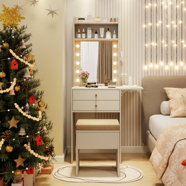 Compact Vanity Desk Set With 3 Color Lighted Mirror And Power Outlets White Hu10805Us Wh By Cw