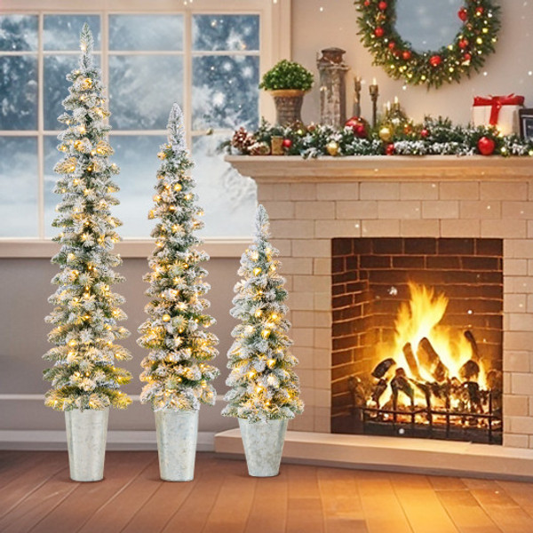 Set Of 3 Pre Lit Snow Flocked Artificial Christmas Trees Witrh 423 Branch Tips Cm25004 By Cw