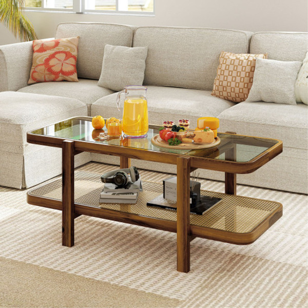 2 Tier Coffee Table With Storage And Tempered Glass Tabletop Brown Jv12150Bn By Cw