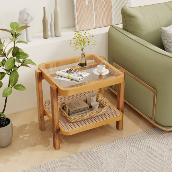 Rattan 2 Tier End Side Table With Tempered Glass Top Acacia Wood Legs Brown Jv12151Bn By Cw