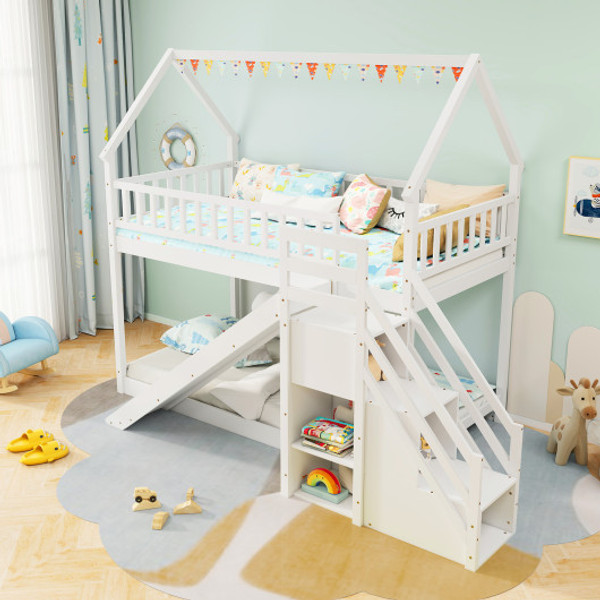 Twin Over Twin Bunk Bed With Slide And Staircase White Hu10982Wh By Cw