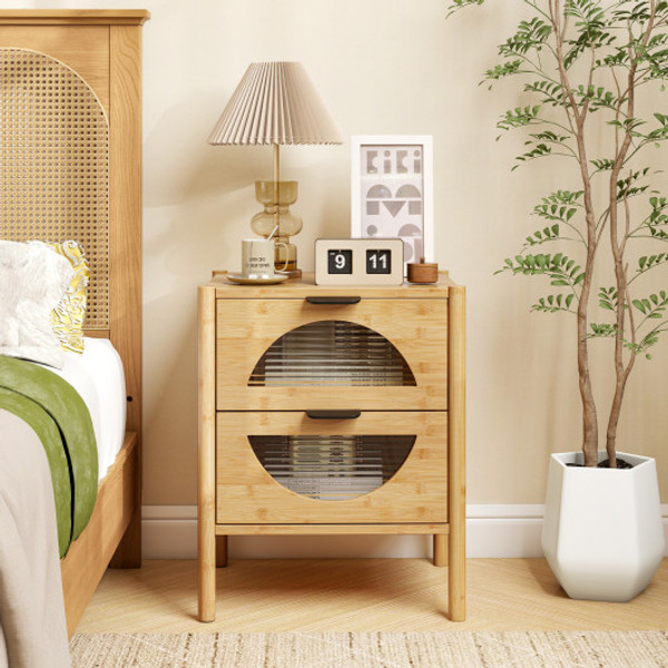 Bamboo Nightstand With 2 Storage Drawers And Reeded Tempered Glass Fronts Natural Jv11256Na By Cw