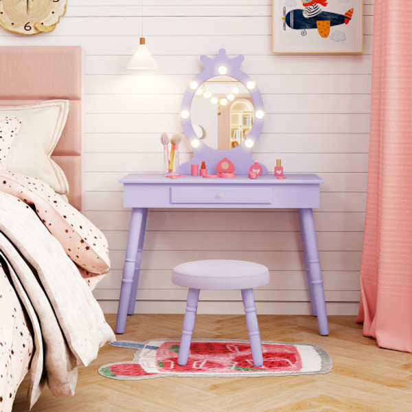 Kids Vanity Set With Lighted Mirror With Adjustable Brightness And Large Drawer Purple Hy10339Us Zs By Cw