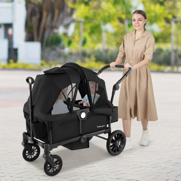 2 Seater Push Pull Collapsible Kids Wagon Stroller With Adjustable Handlebars Black Bc10232Bk By Cw