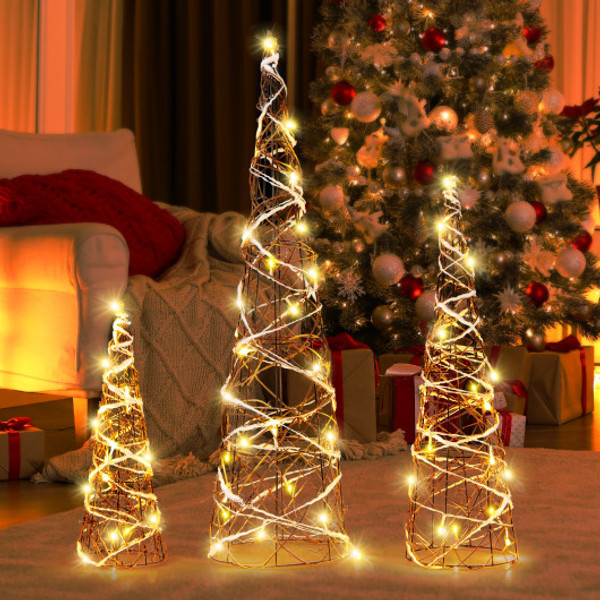 Set Of 3 Lighted Rattan Cone Trees With Led Lights And Metal Frame Cm24999Us By Cw