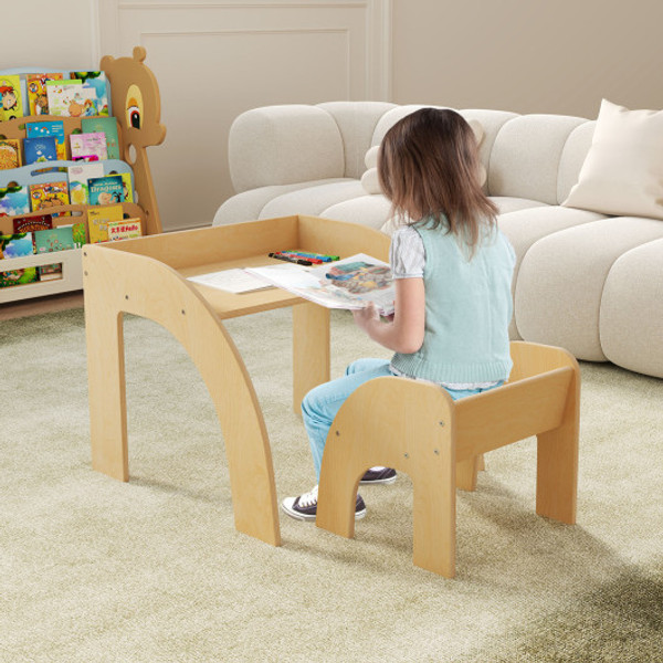 Kids Table And Chair Set With Wide Tabletop And Curved Edges For Kids Room Natural Hy10352Na By Cw