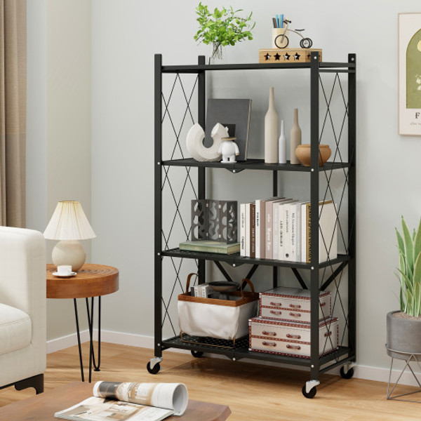 4 Tier Foldable Storage Shelf Collapsible Storage Rack With Lockable Wheels Black Jz10285Dk By Cw