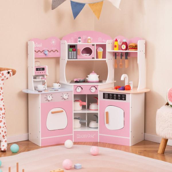 Corner Wooden Play Kitchen With Coffee Machine And Slide For Kids Pink Tm10118Pi By Cw