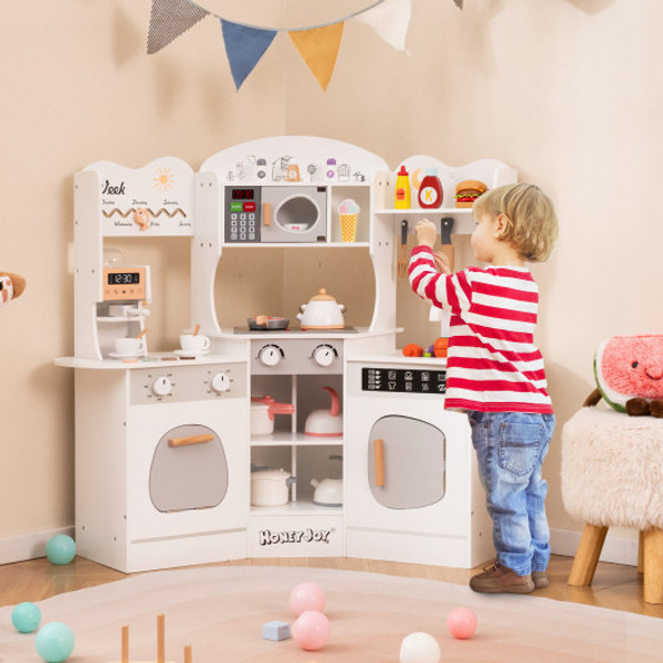 Corner Wooden Play Kitchen With Coffee Machine And Slide For Kids White Tm10118Wh By Cw