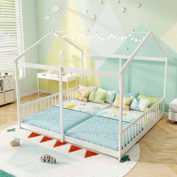 Double Floor Bed For Twins House Beds With Safety Guardrails For 2 Kids White Hu11006Wh By Cw