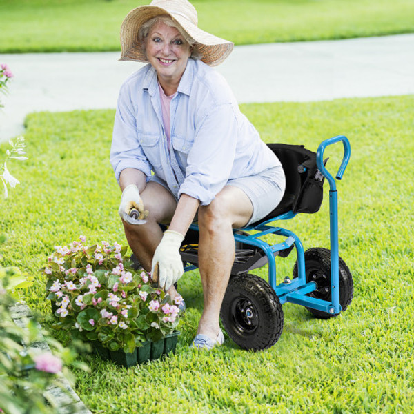 Cushioned Rolling Garden Cart Scooter With Storage Basket And Tool Pouch Blue Gt4030Bl By Cw