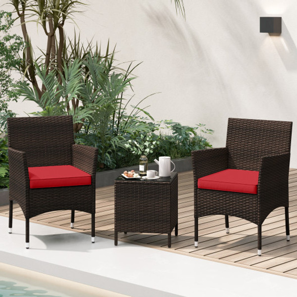 3 Pieces Outdoor Conversation Set With Cushioned Seat And Glass Tabletop Red Hw72792Re By Cw