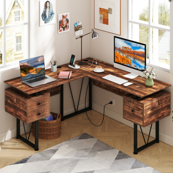 L Shaped Computer Desk With Power Outlets And 3 Storage Drawers Rustic Brown Cb10775Us Cf By Cw