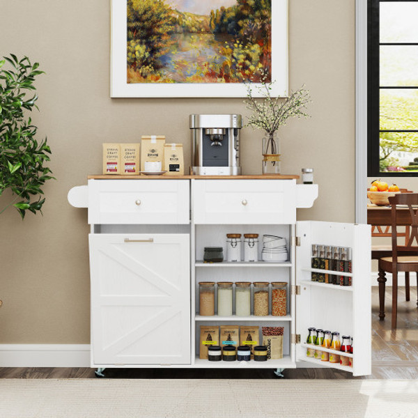 Rolling Kitchen Island With Trash Can Cabinet And Rubber Universal Wheels White Kc57447Wh By Cw