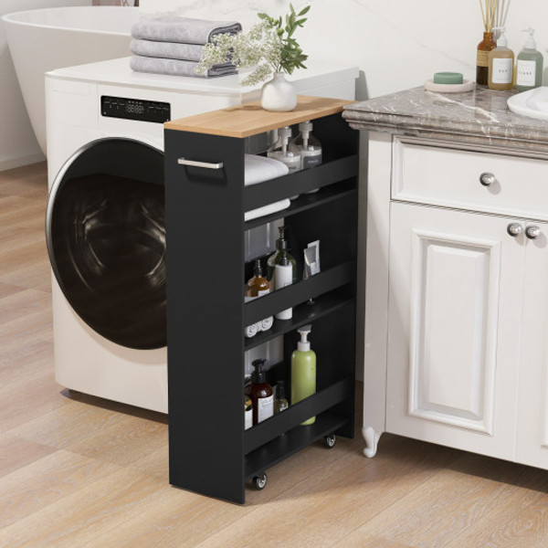 4 Tier Rolling Storage Cart Slim Kitchen Cart On Wheels With Open Shelves And Handle Black Jv12256Dk By Cw