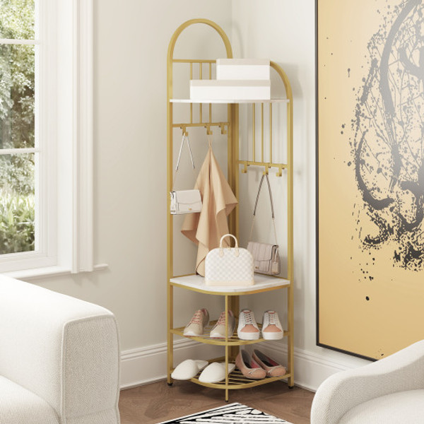 4 Tier Coat Rack Corner Hall Tree With Shoe Storage Bench White Jv12208Wh By Cw