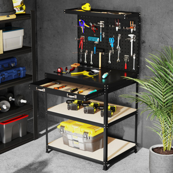 32 X 16 Inch Workbench Work Table With 2 Pcs Pegboard Drawer And Shelves Black Th10085Bk By Cw