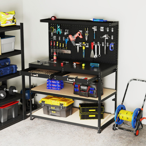 48 X 24 Inch Workbench Work Table With 3 Pcs Pegboard Drawer And Shelves Black Th10086Bk By Cw